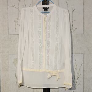 Vintage Adolfo White Long Sleeve Blouse with Mandarin Collar and Tie Front